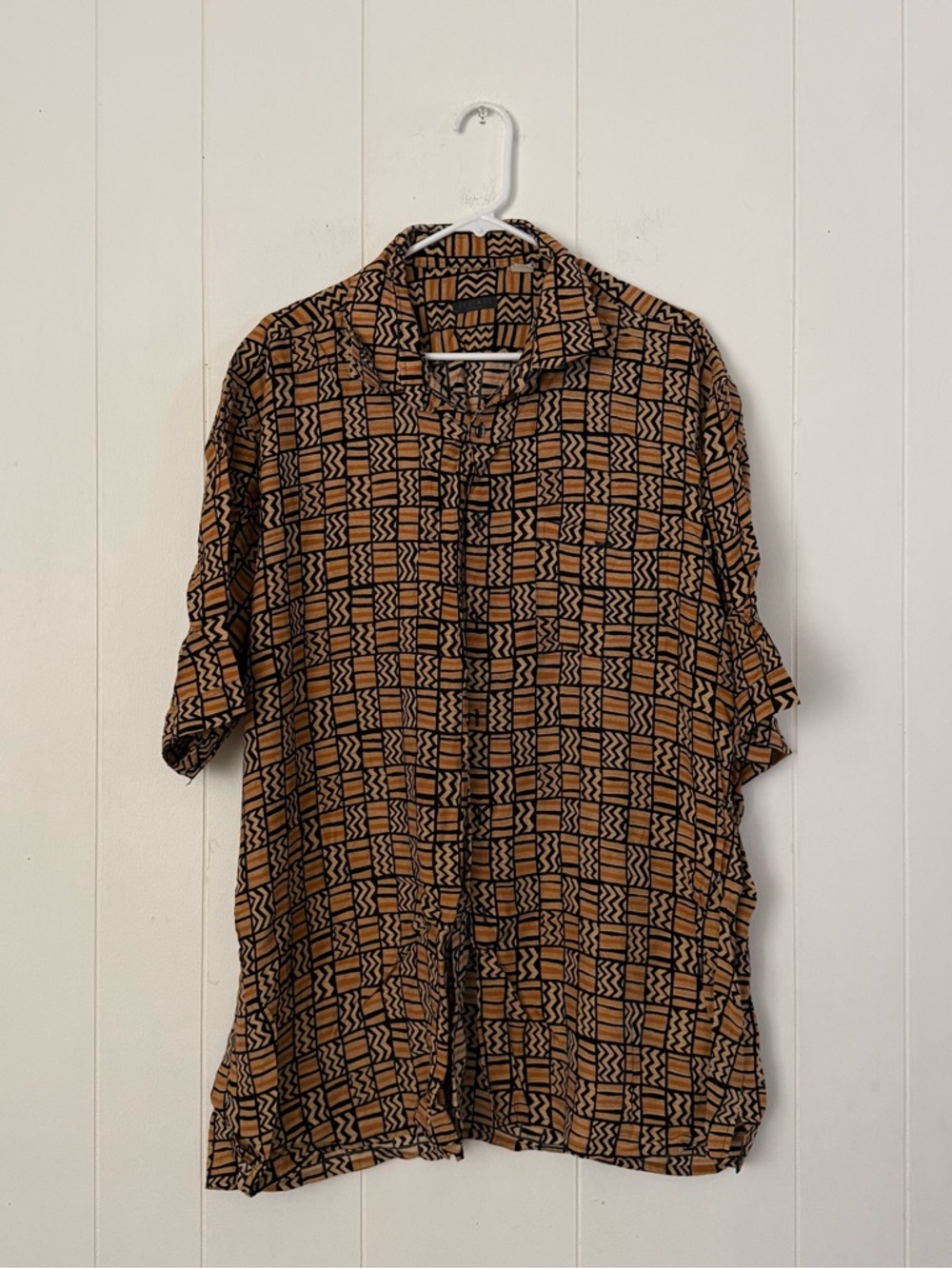 Bertone Germany Men's Short-Sleeve Button-Down Shirt in Brown Geo Print XL